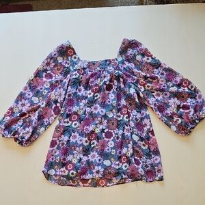 LC Lauren Conrad Purple Floral Puff-Sleeve Blouse